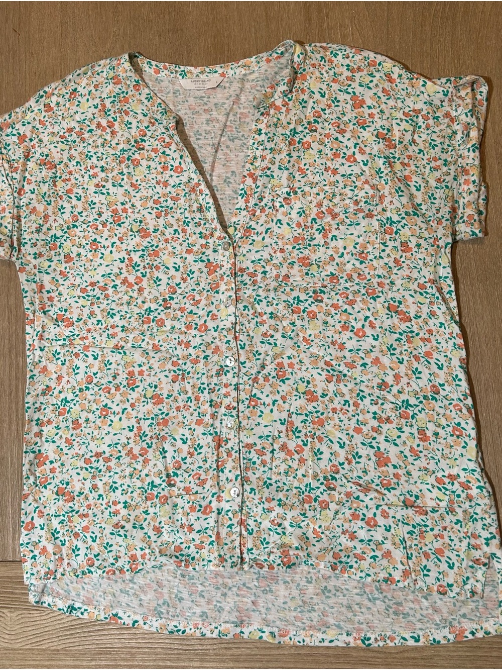 Lucky Brand Floral Split Neck Top Size Small Ditsy Boho Orange Green